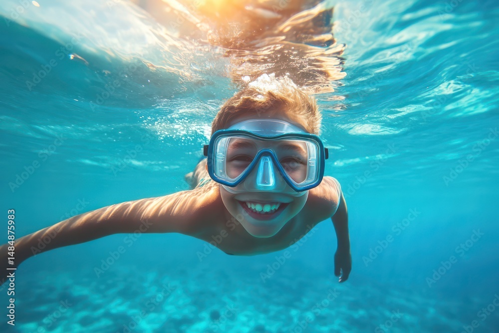 Naklejka premium Young boy snorkeling underwater in bright sea