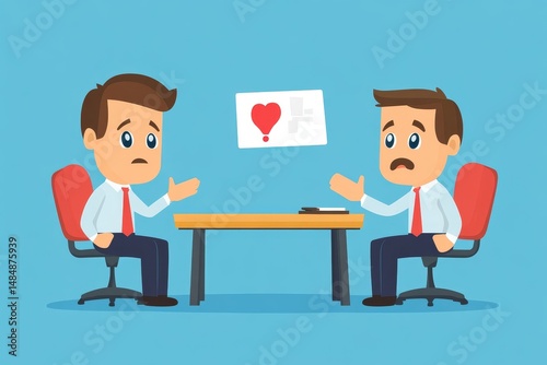 Two cartoon men sitting at a table with a floating love letter on a blue background illustration