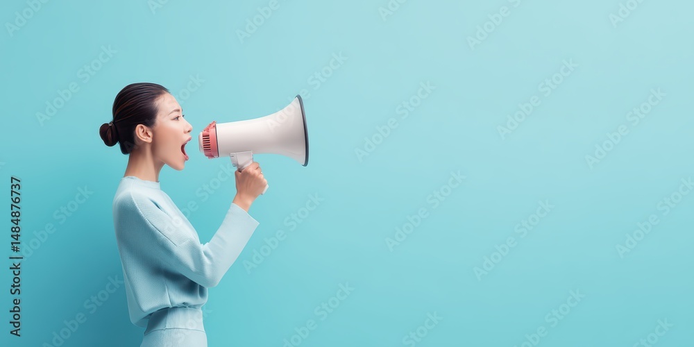 Fototapeta premium Woman in Blue Speaking into Megaphone is a premium-quality stock image ideal for use in lifestyle blogs, health content, promotional campaigns, and editorial publications.