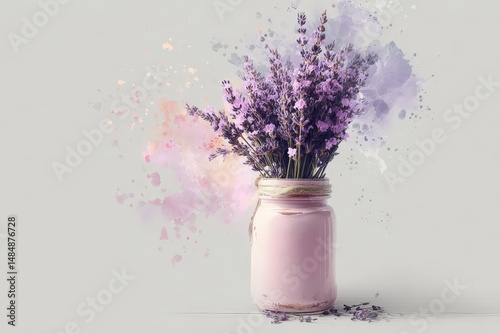 Delicate lavender bouquet in a pink glass jar.
