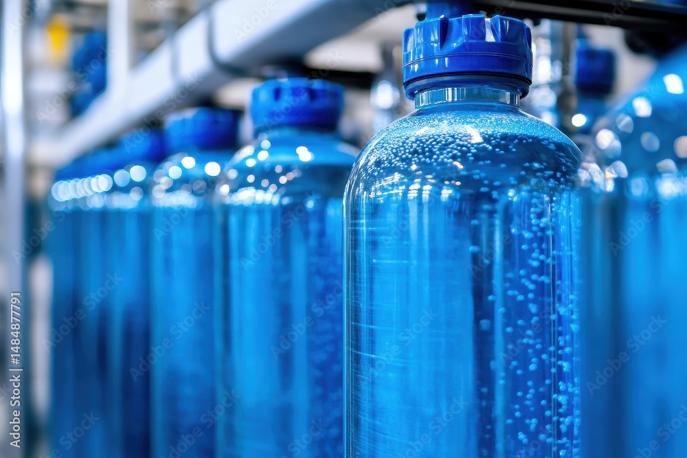 Row of blue water bottles with blue caps in a water filtration system. Showcases purification, bottling, and clean water production concepts. Row of blue water bottles with blue caps in a water filtration system. Showcases purification, bottling, and clean water production concepts.