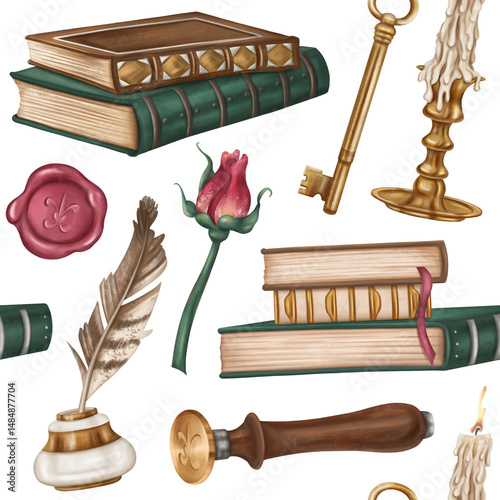 Seamless pattern with retro inkwell, writing pen, stack of books, stamp and seal, rose, candlestick, golden key. Royal atmosphere. Old vintage decorations in classic style. Office and postcard design