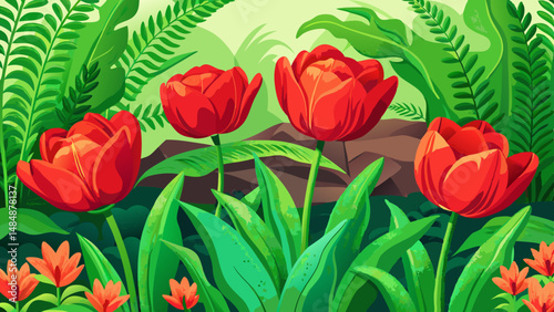 Flower bed in the garden. Bright red tulips (Latin: Tulipa) on the background of green fern (Latin: Matteuccia struthiopteris) leaves, close-up. very beautiful
