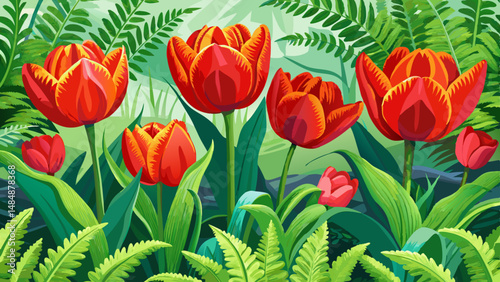 Flower bed in the garden. Bright red tulips (Latin: Tulipa) on the background of green fern (Latin: Matteuccia struthiopteris) leaves, close-up. very beautiful