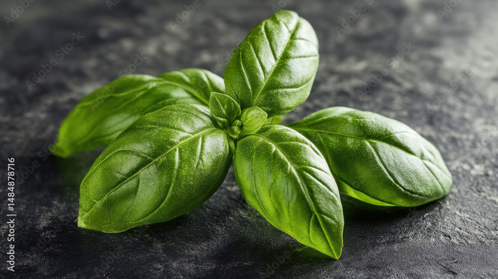 Obraz premium Fresh basil leaves on a dark stone surface, showcasing their vibrant green color and texture
