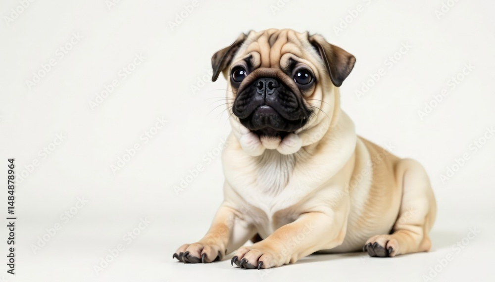 Adorable pug dog sits, isolated on white background, domestic, breed Adorable pug dog sits, isolated on white background, domestic, breed