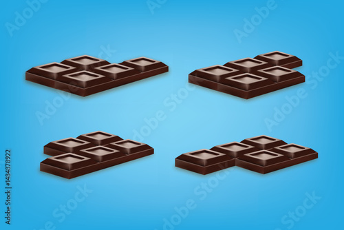 Realistic dark chocolate bars arranged on blue background, perfect for food and dessert concepts.