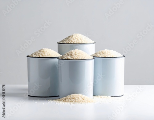 four large white metal cans filled with raw white rice on a plain gray background
