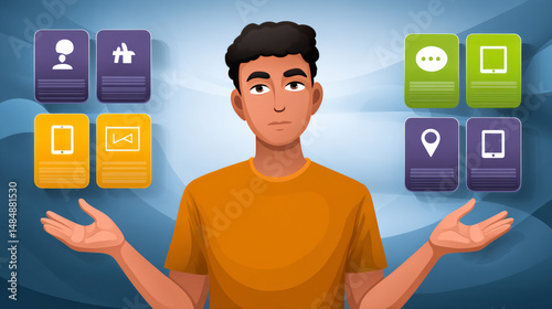 Vector illustration of a person juggling multiple social media app icons