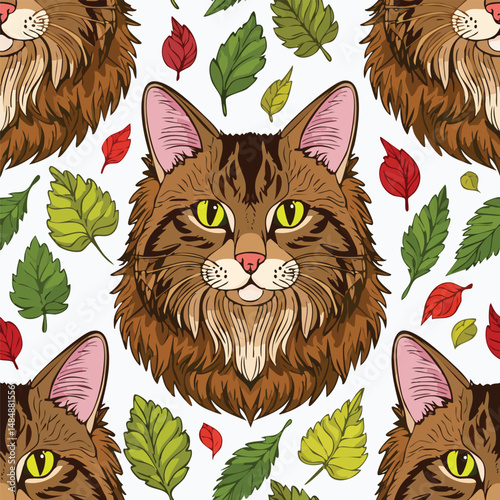 Norwegian Forest Cat Vector Illustration with Seamless Pattern Design