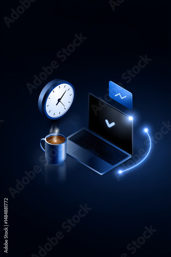 Isometric digital illustration of a freelancer working late at night, dark room, glowing laptop screen