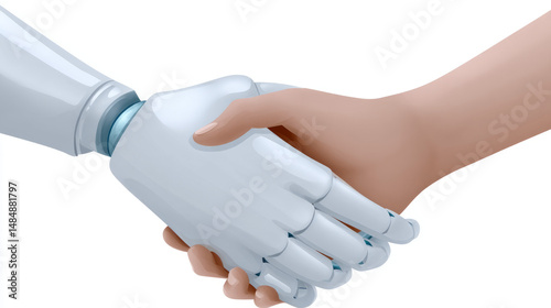 Flat vector art of a robot hand shaking a human hand, symbolizing AI collaboration, clean lines, white background
