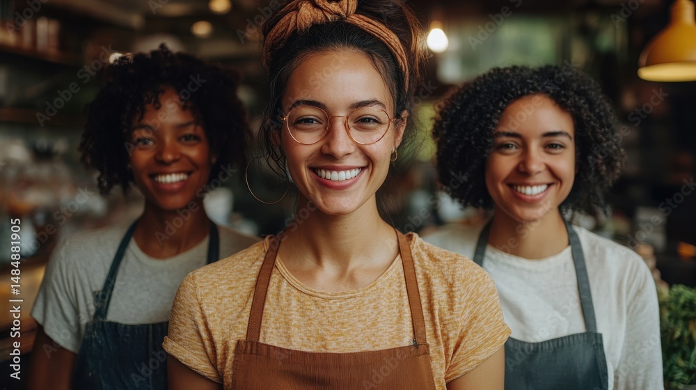 Fototapeta premium Three young african female adults smiling in a cozy café setting