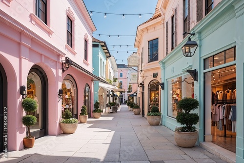 Charming Pastel Shopping District Featuring Authentic Retail Spaces and Contemporary Venues