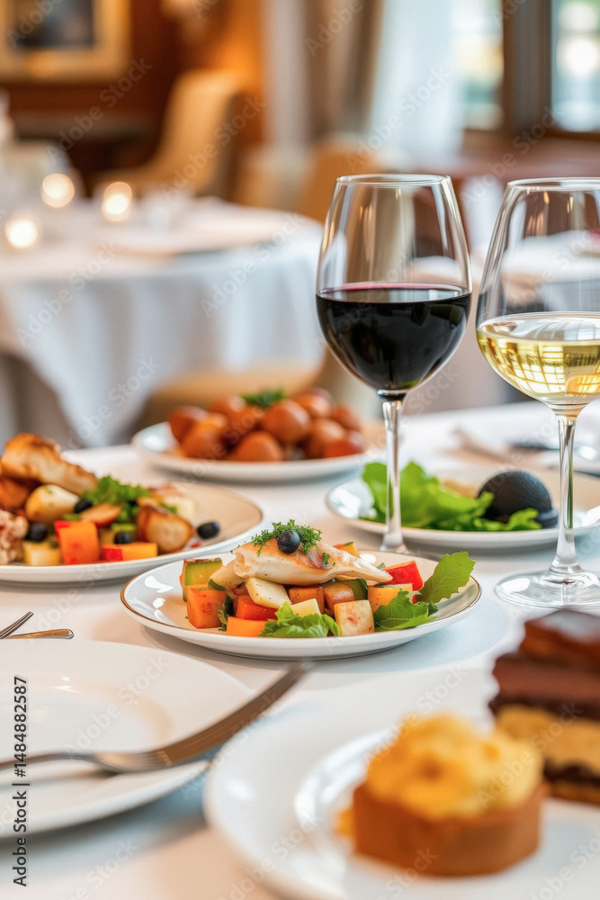 Elegant Restaurant Dinner Setting with Varied Dishes Elegant Restaurant Dinner Setting with Varied Dishes