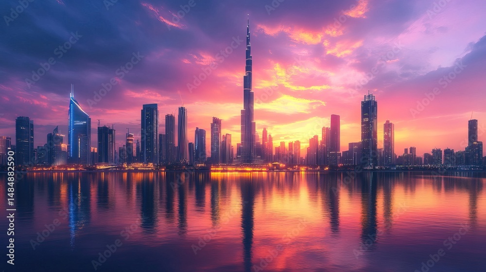 Fototapeta premium A futuristic city skyline as the backdrop of a global tech conference