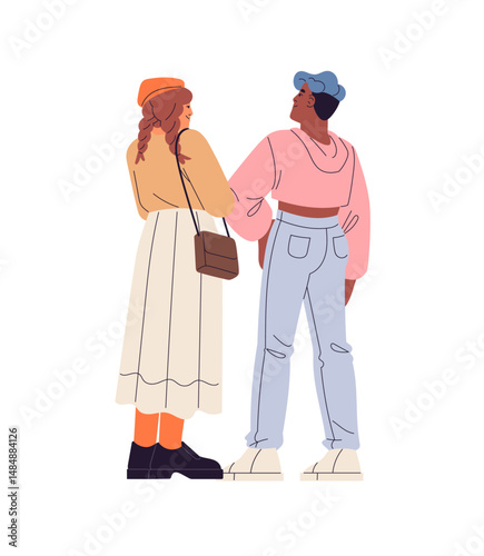 Stylish lesbian couple holds hands, standing turned backside. Happy people talk back view. Diverse two friends communicate together behind. Flat isolated vector illustration on white background