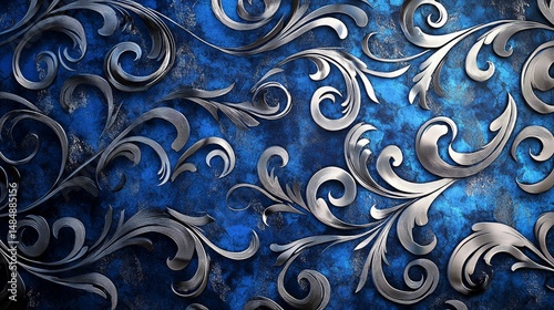 11021211 22 An elegant damask design featuring swirling patterns in royal blue and silver, exuding opulence and refinement. The composition maintains balanced proportions with a spacious area designed