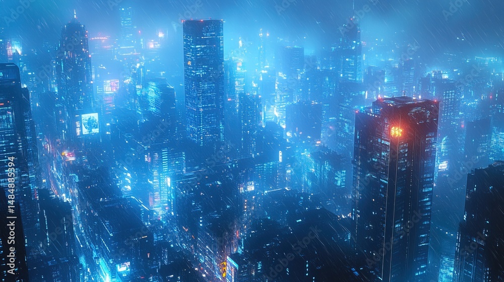 Fototapeta premium A cyberpunk-inspired high-tech city with blue neon skyscrapers