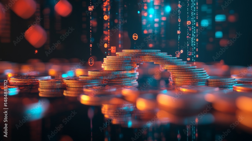 Fototapeta premium 26021028 45 A stack of coins forming a bridge, surrounded by digital icons, representing access to financial services and economic empowerment with ample copy space , Product photography with high res