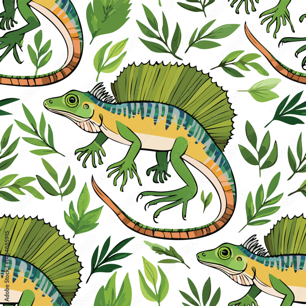 Fototapeta premium Basilisk Lizard Vector Illustration with Seamless Pattern Design
