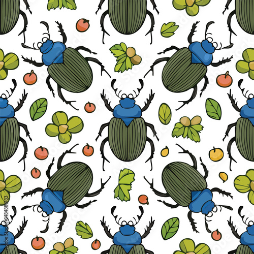 Dung Beetle Vector Illustration with Seamless Pattern Design