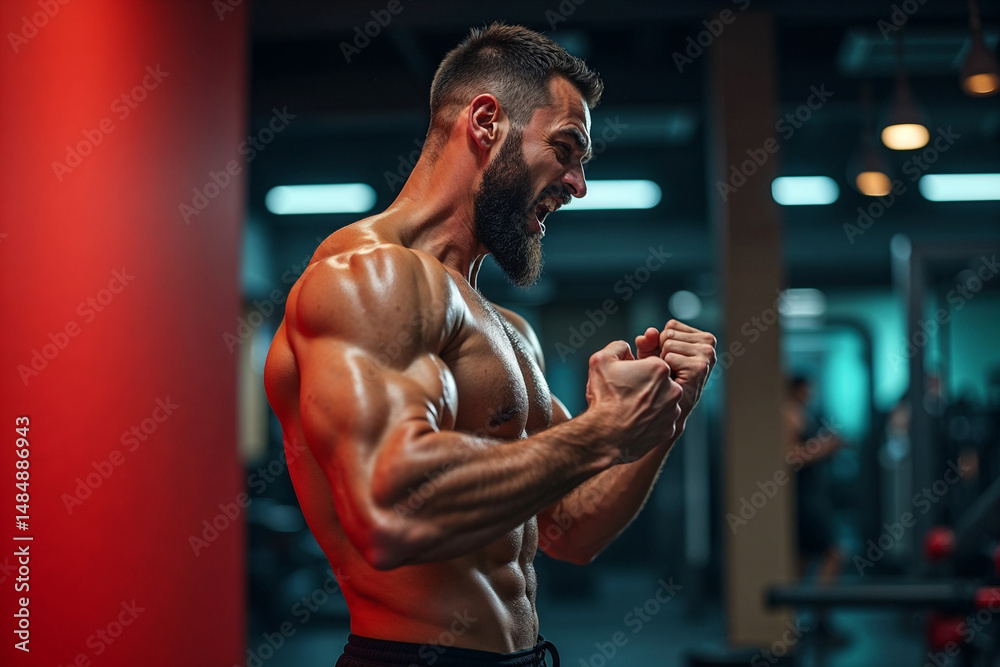 Fototapeta premium A muscular man stands in a fitness center, veins bulging as he flexes his arms while exerting visible effort. The warm, dim lighting highlights his toned physique, capturing the essence of dedication