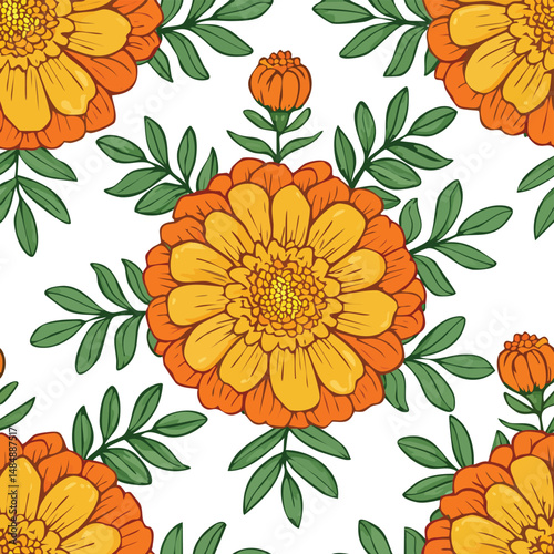 Marigold Vector Illustration with Seamless Pattern Design