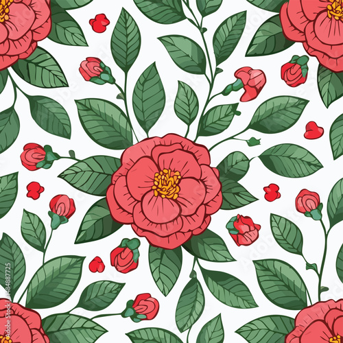 Camellia Vector Illustration with Seamless Pattern Design