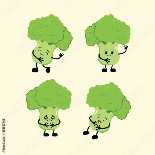 Vegetables Cute Cartoon Broccoli with Different Emotions