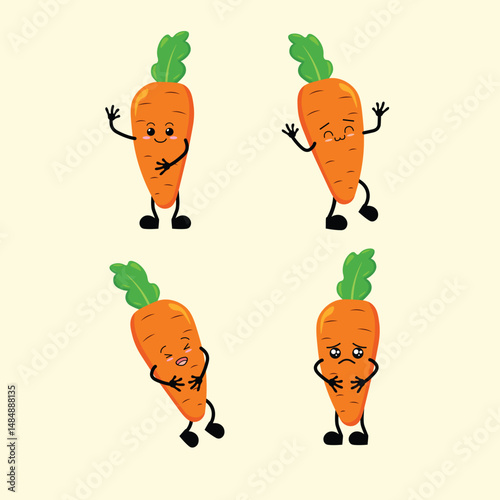 Vegetables Cute Cartoon Carrot with Different Emotions