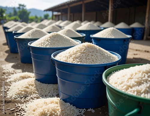 blue plastic bucket and green plastic bucket filled with freshly harvested white rice, placed outdoors under the sun in a rural farmland
