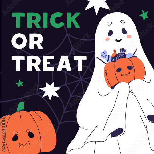 Happy Halloween greeting card. Helloween postcard design with cute ghost, shadow holding pumpkin with candies. Festive template with funny spirit, spook does trick or treat. Flat vector illustration