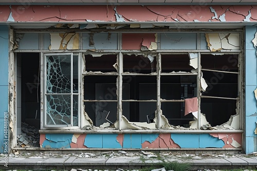 Neglected Retail Storefront with Cracked Windows and Peeling Paint Reflecting Urban Decay and Isolation