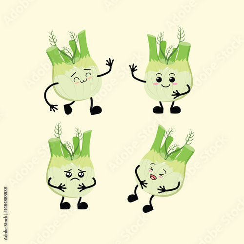 Vegetables Cute Cartoon Fennel with Different Emotions