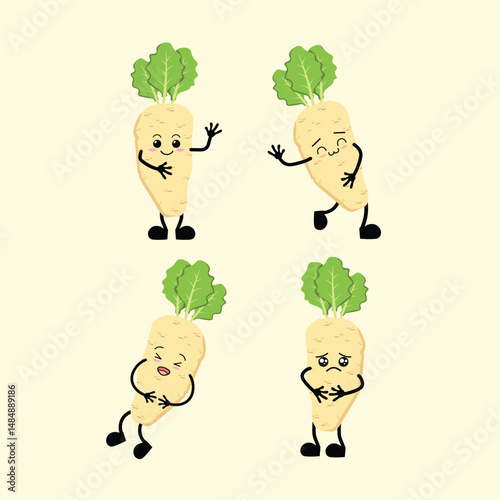 Vegetables Cute Cartoon Horseradish with Different Emotions