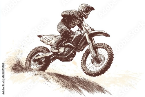 Motocross rider performing a jump during a competition in an outdoor dirt track on a sunny day in a vibrant landscape