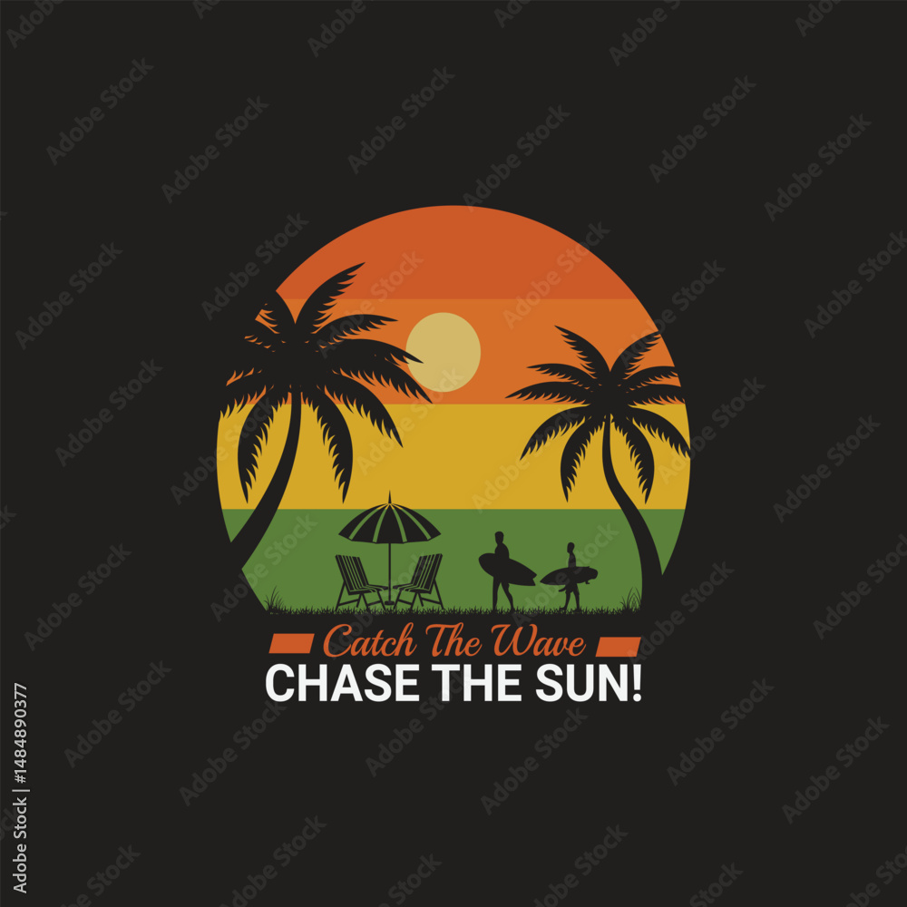 Naklejka premium Chase The Surf Sunset Beach Vintage Summer T-Shirt Design