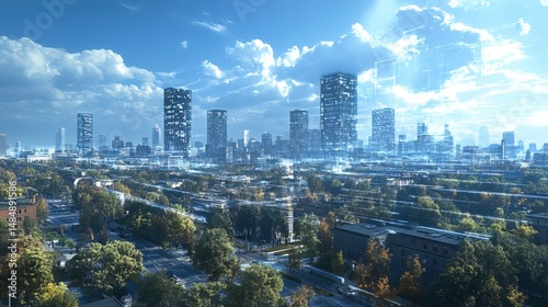 A blue digital twin city with real-time holographic data overlays