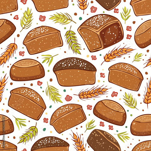 Rye Bread Vector Illustration with Seamless Pattern Design