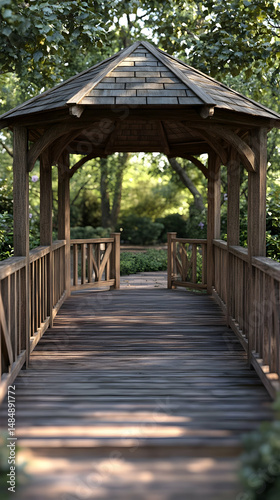 Wooden Gazebo Bridge 3D Render