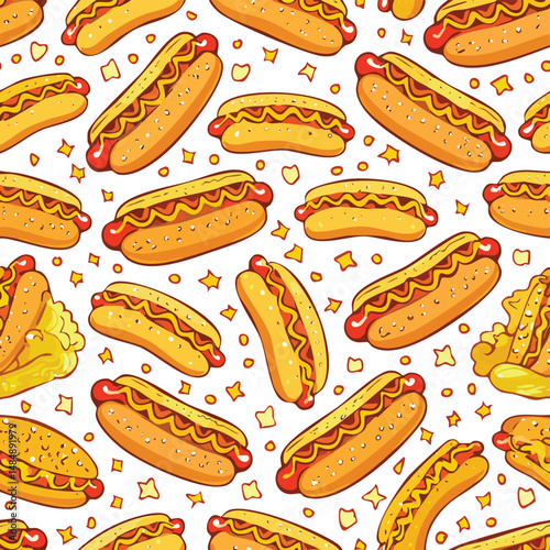 Hot Dog Bun Vector Illustration with Seamless Pattern Design