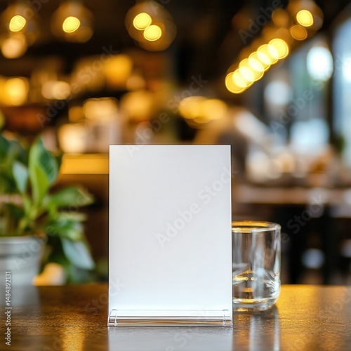 Mock-up of a blank menu label frame on a bar restaurant table, acrylic tent card stand with white sheets, blurred cafeteria background.
