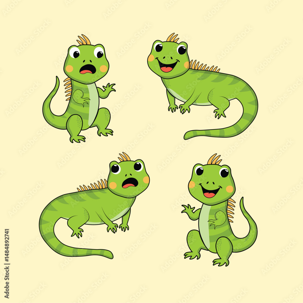 Fototapeta premium Animal Cute Cartoon Iguana with Different Emotions