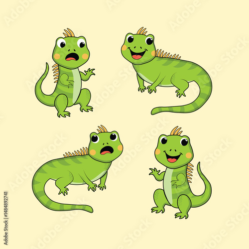 Animal Cute Cartoon Iguana with Different Emotions