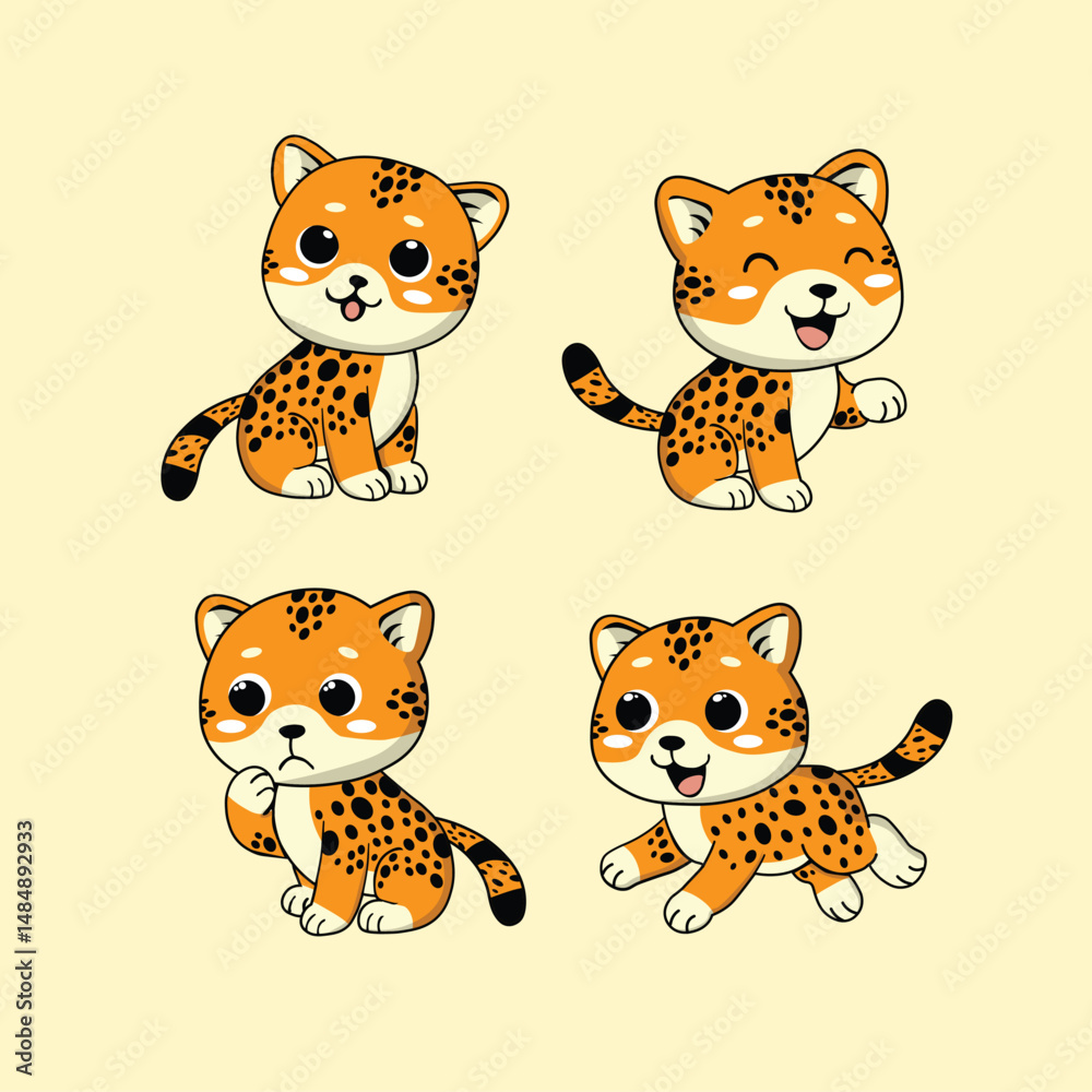 Fototapeta premium Animal Cute Cartoon Jaguar with Different Emotions