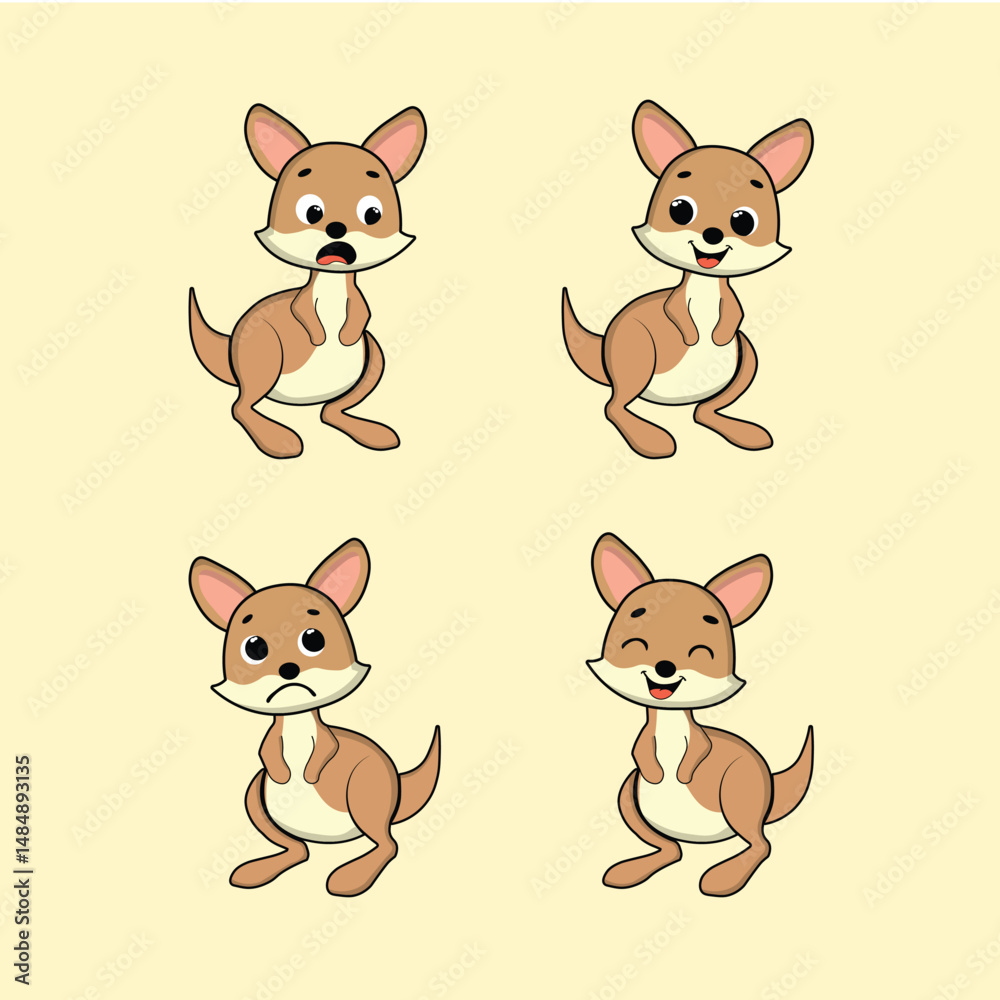 Fototapeta premium Animal Cute Cartoon Kangaroo with Different Emotions