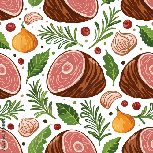 Roast Beef Vector Illustration with Seamless Pattern Design