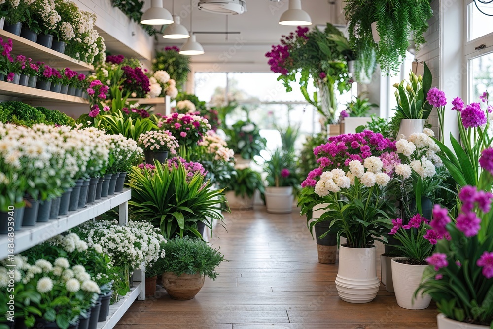 Serene Plant Shop with Fragrant Flowers and Lush Greenery in White and Magenta Highlights Serene Plant Shop with Fragrant Flowers and Lush Greenery in White and Magenta Highlights