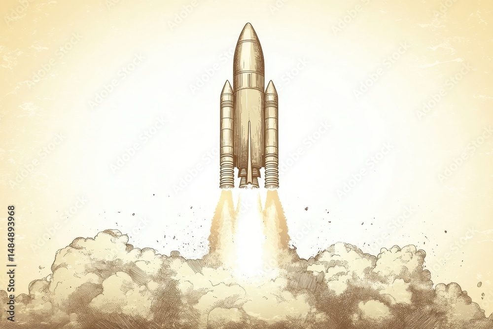Naklejka premium Rocket launches into the sky with powerful flames and thick clouds of smoke in a historic moment of exploration and adventure